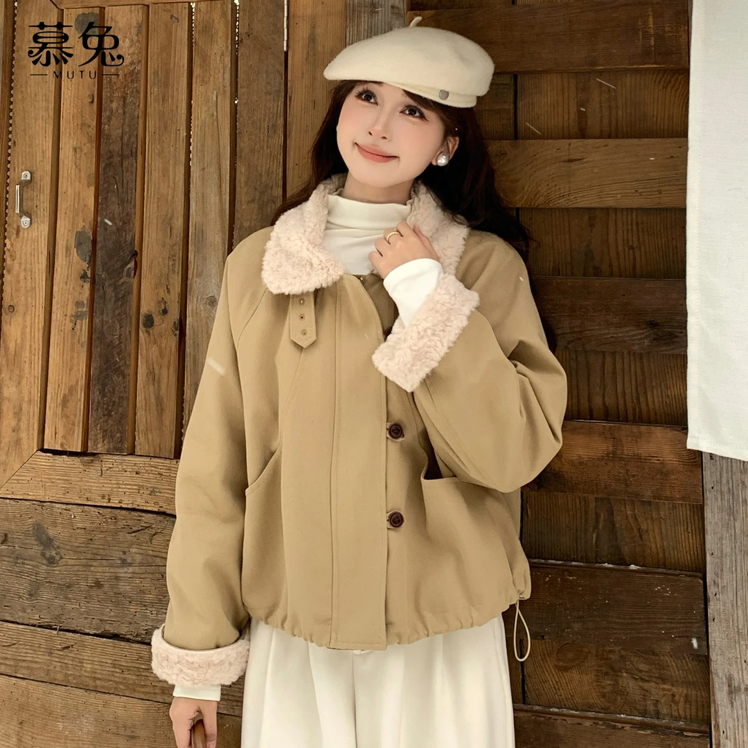 慕兔复古翻领拼接派克服外套冬季小个子加绒加厚夹克上衣TU30864