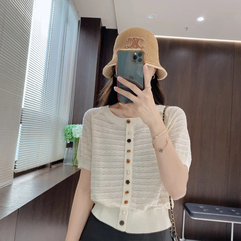 IMFLY金小金自制女装 针织衫DYW9267简约气质圆领单排扣针织上衣