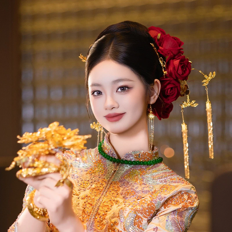 合金婚庆饰品 新娘新款仿真玫瑰发夹金色流苏发簪项链配饰342683