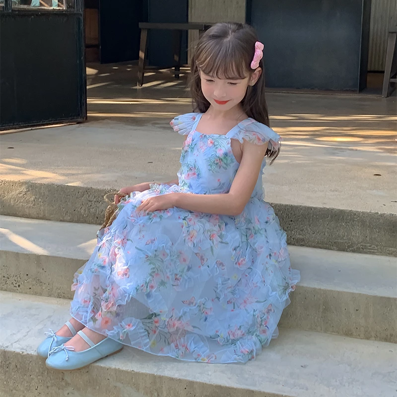 尤画2025夏季童装女童碎花小飞袖网纱女孩裙甜美公主连衣裙68026