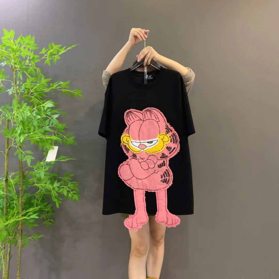 25347新款重工贴布绣卡通加菲猫中长款T恤女宽松休闲短袖大码女装