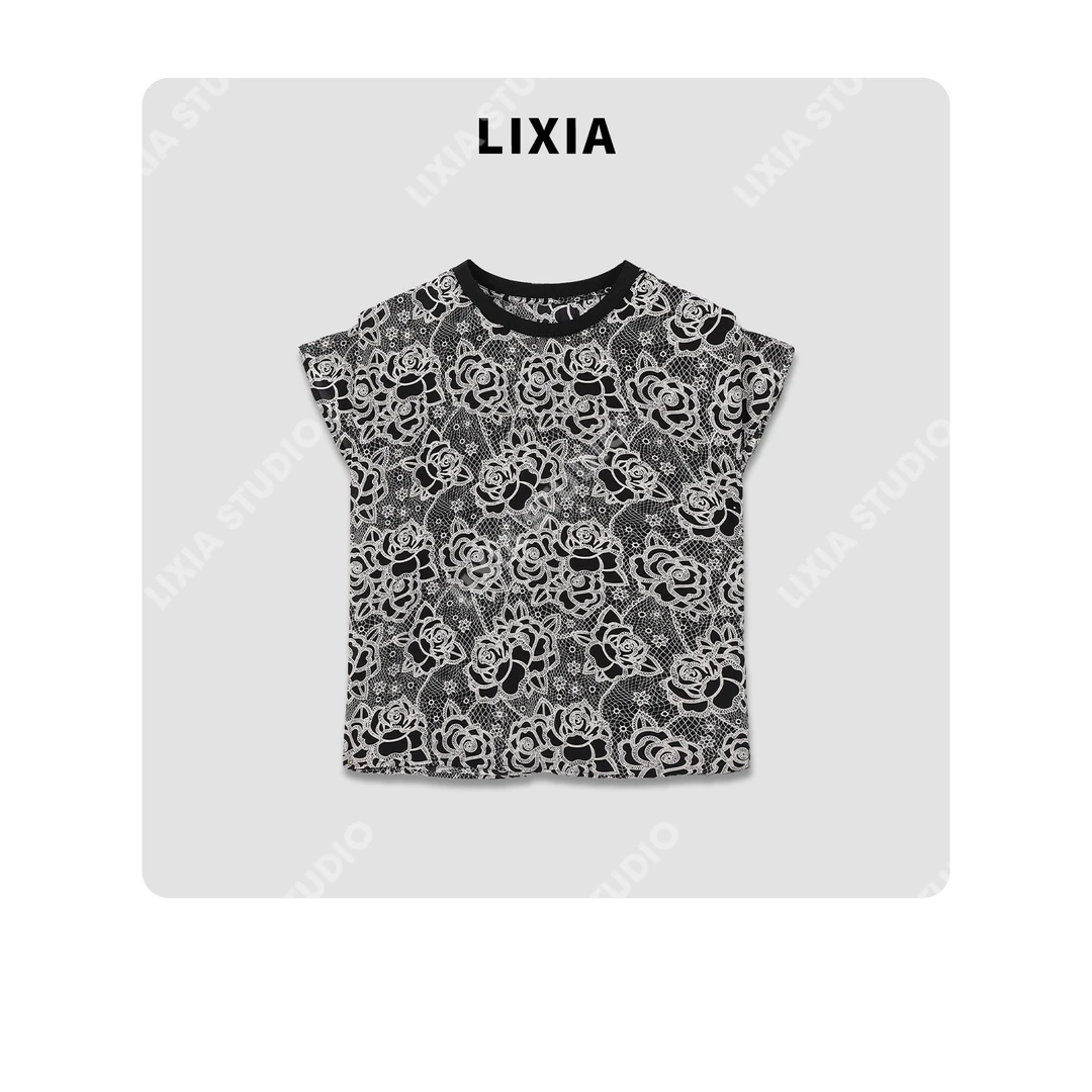 LIXIA【花开富贵】复古气质大花朵优雅感印花短袖-D8180