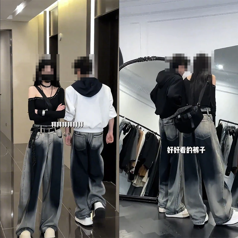 龍刀刀春季潮流复古渐变美式百搭宽松弯刀休闲牛仔长裤阔腿牛仔裤