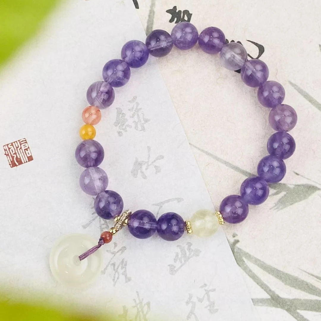 紫晶手链合金v75【8mm紫水晶手串】新中式气质平安扣紫晶手串手链