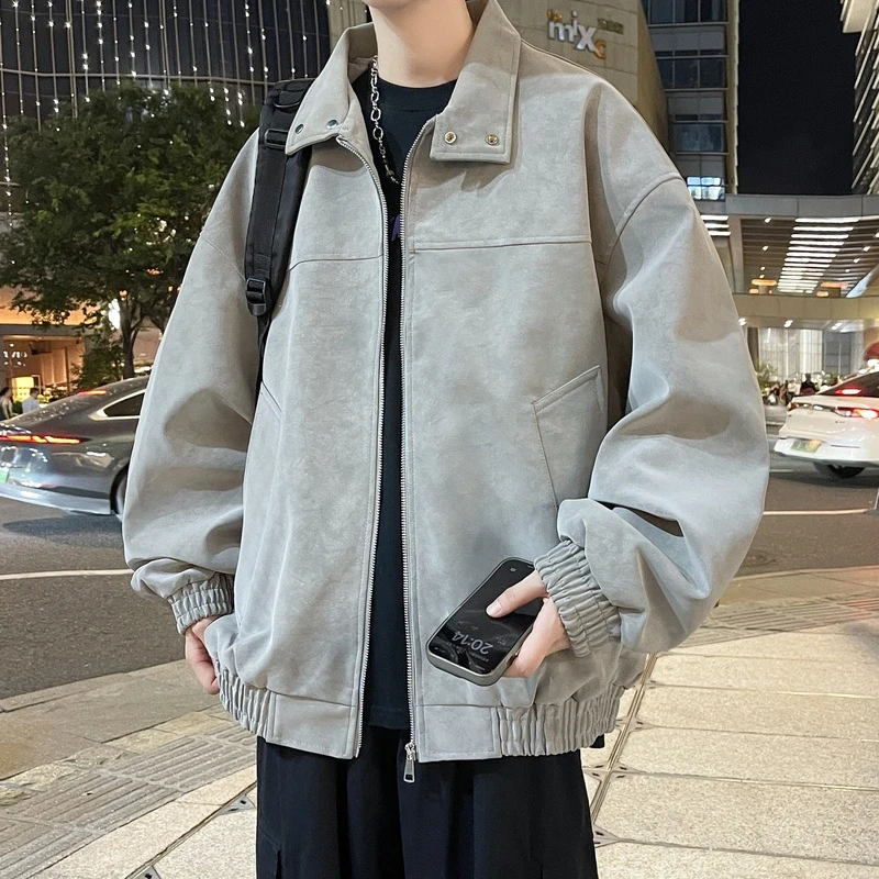夹克外套男秋季新款扎染pu复古立领皮衣夹克痞帅宽松百搭情侣外套