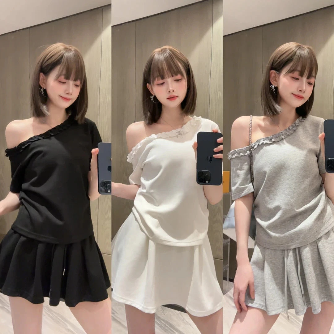 韩系时尚套装女夏季新款气质上衣短袖休闲风高腰显瘦短裙两件套