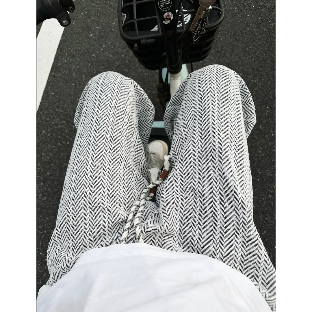 小香风人字纹针织裤子男款秋季垂感阔腿裤慵懒风直筒宽松黑白卫裤