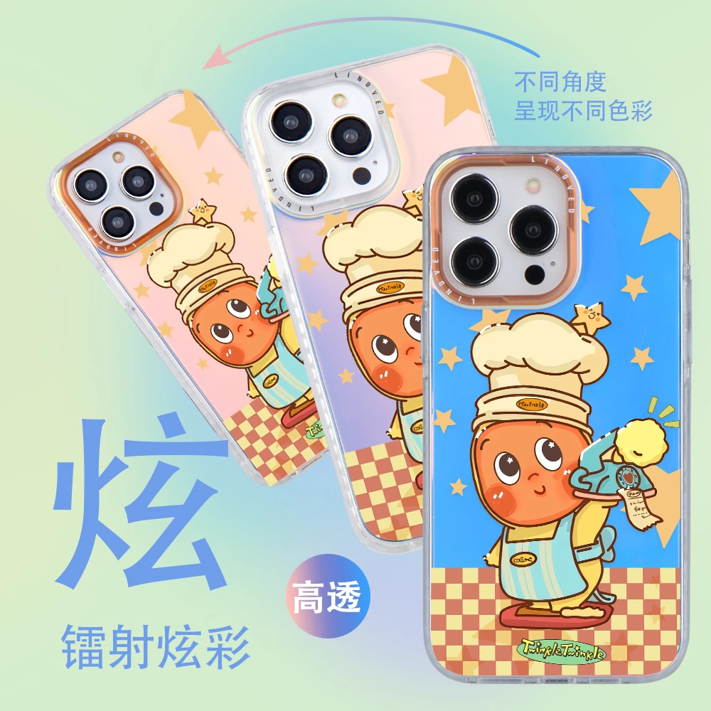 卡通透明镭射手机壳适用苹果女16PM华为Mate硬壳散热磨砂防摔可爱