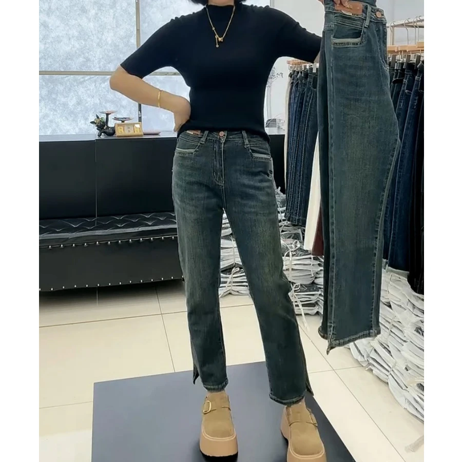 大码弹力开叉牛仔裤女春秋胖mm梨形身材高腰显瘦九分直筒烟管裤子