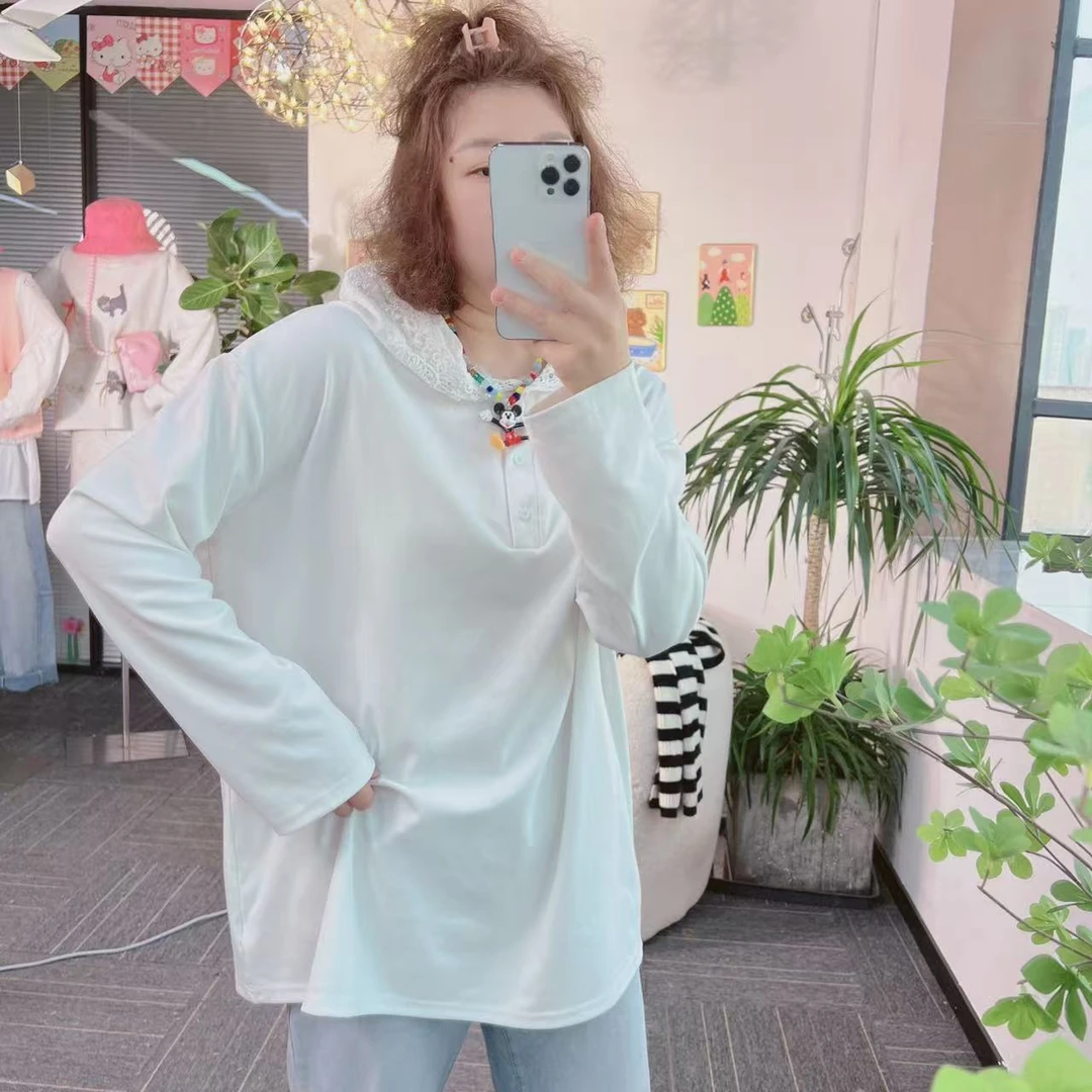 【纯熙+】8808春季新款蕾丝连帽打底T恤衫女韩版宽松百搭简约上衣