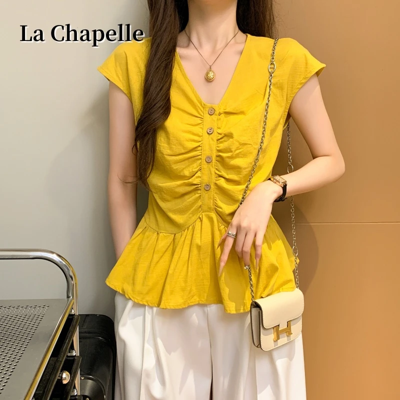 拉夏贝尔V领时尚短袖衬衫女夏季2025新款百搭修身显瘦纽扣上衣潮