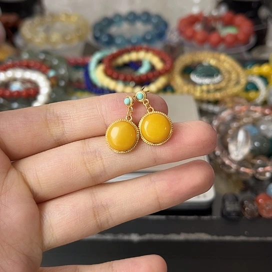 琥珀耳饰银S925镶嵌矿坑