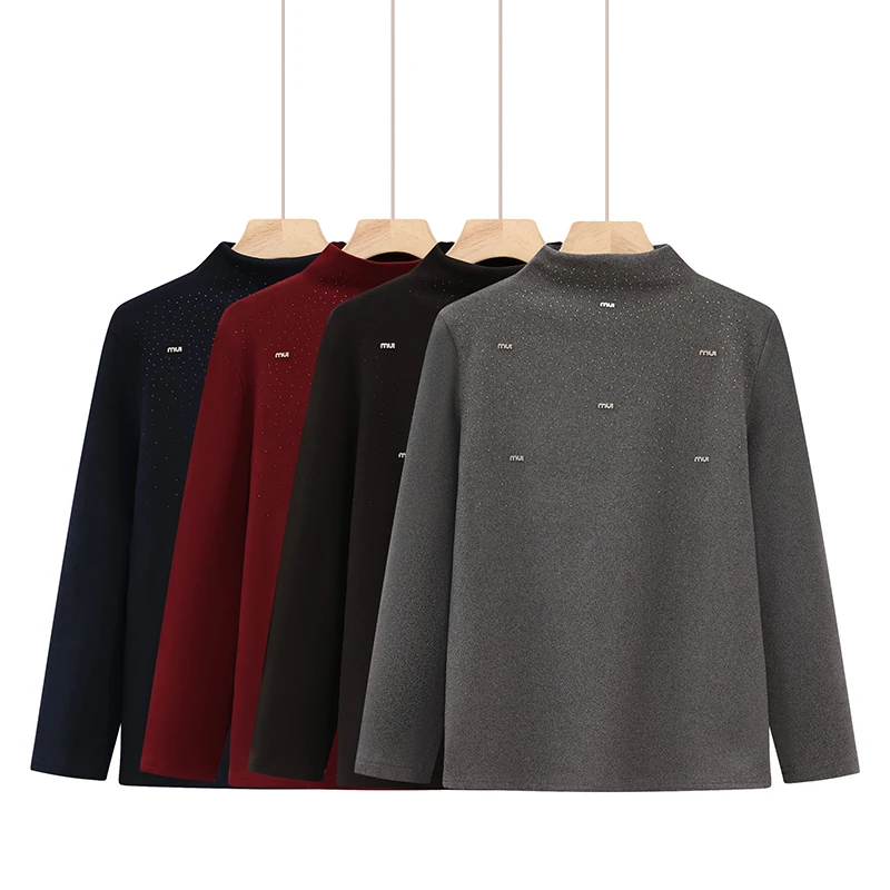 2025大码中年妈妈新款时尚宽松遮肚高定版春秋长袖烫钻打底衫上衣