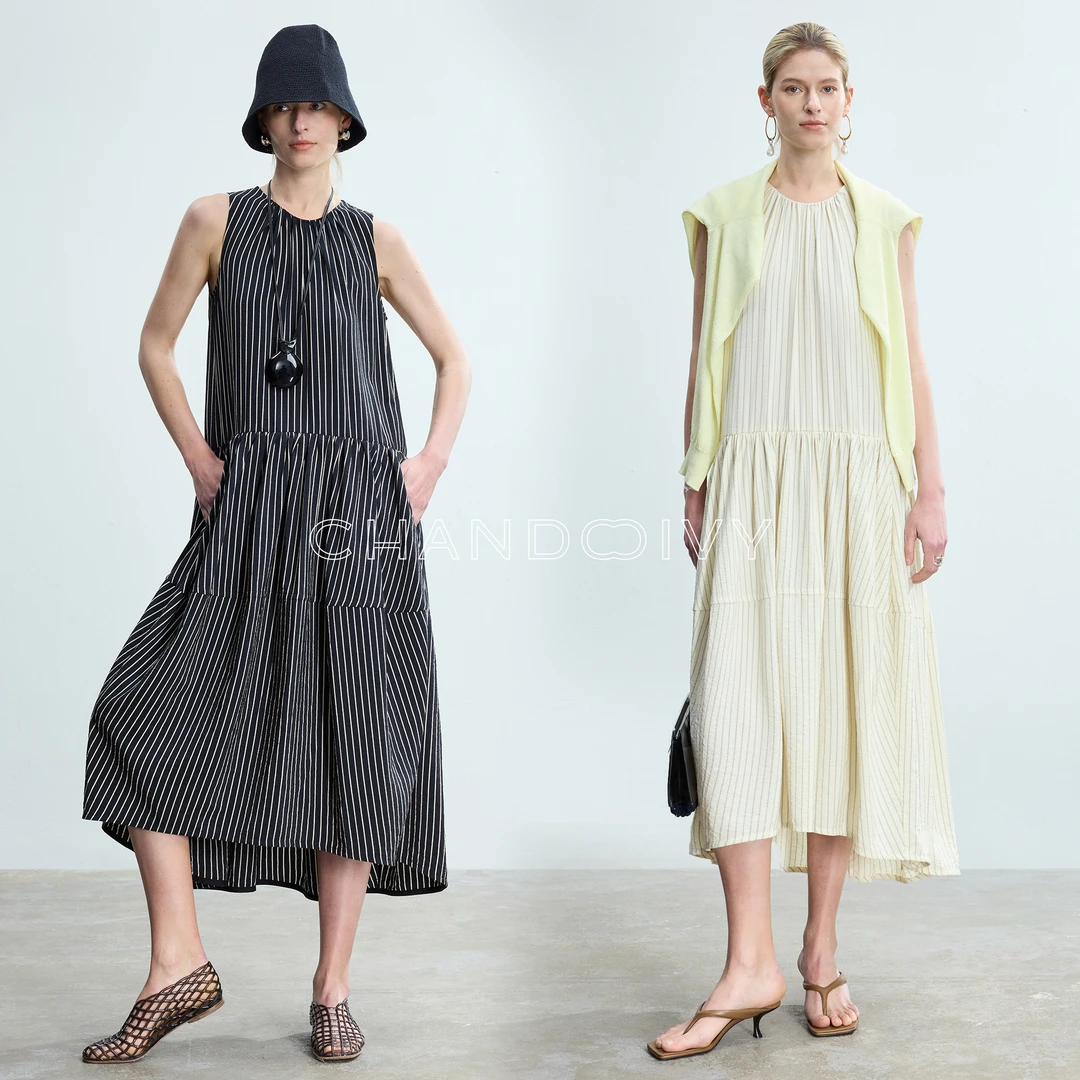 CHANDOOIVY韩国进口条纹立体缩褶廓形宽摆圆领无袖连衣裙
