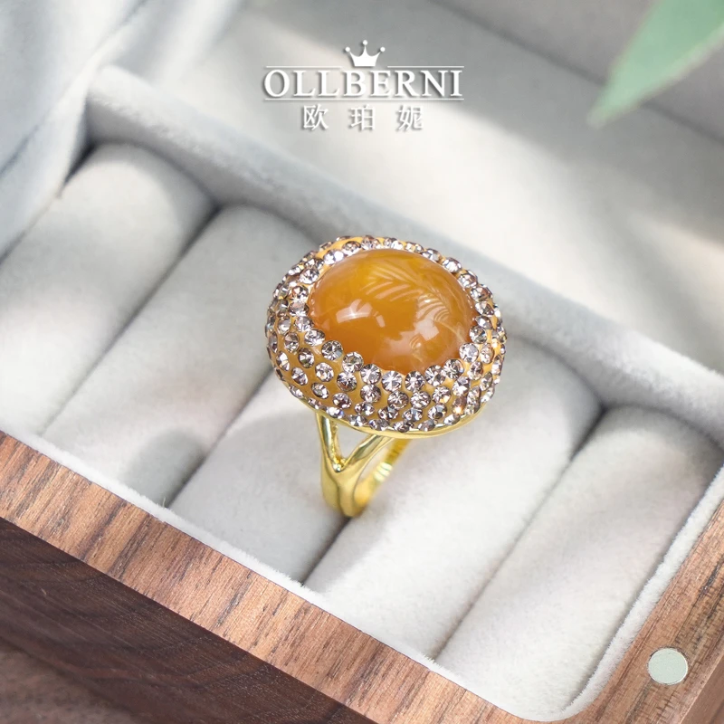 铜合金戒指 气质轻奢时尚百搭复古可调节指环满钻金色高级感戒子