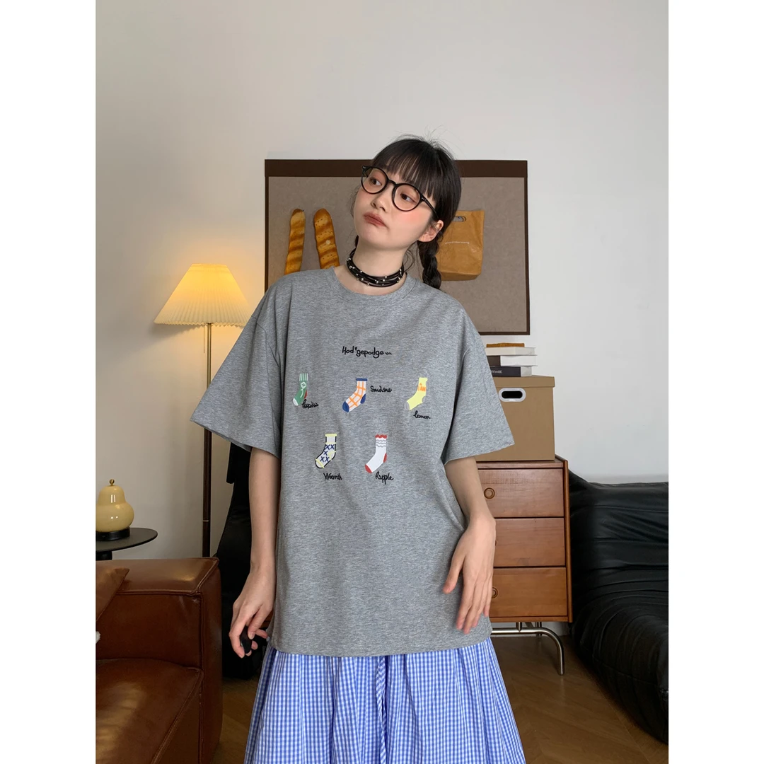 韩系小众设计感撞色袜子印花短袖T恤女夏季宽松慵懒ins风趣味上衣