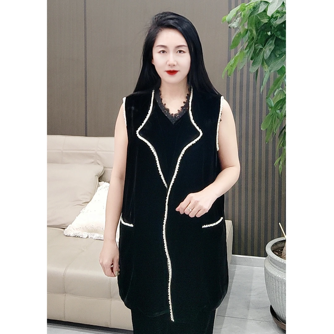 桑蚕丝丝绒春夏款拼珠边小香风减龄时尚气质名媛百搭宽松马甲