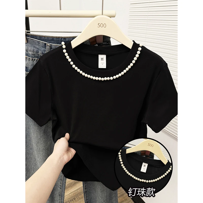 【运补】气质时髦钉珠正肩短袖t恤女显瘦黑色百搭弹力韩版修身上衣