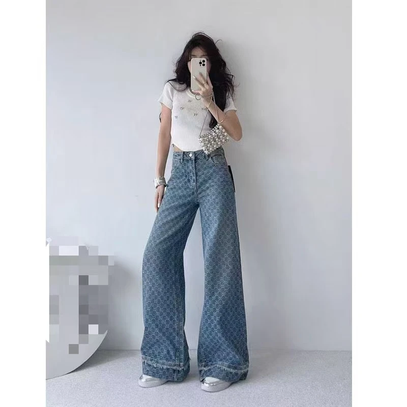 【1123】欧货夏季提花烫钻高腰牛仔阔腿裤显高显瘦牛仔长裤女