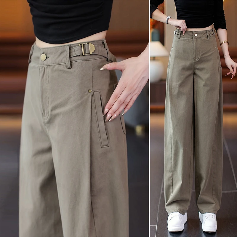 休闲气质弯刀阔腿工装裤女2025秋季新款高腰显瘦百搭宽松直筒裤子