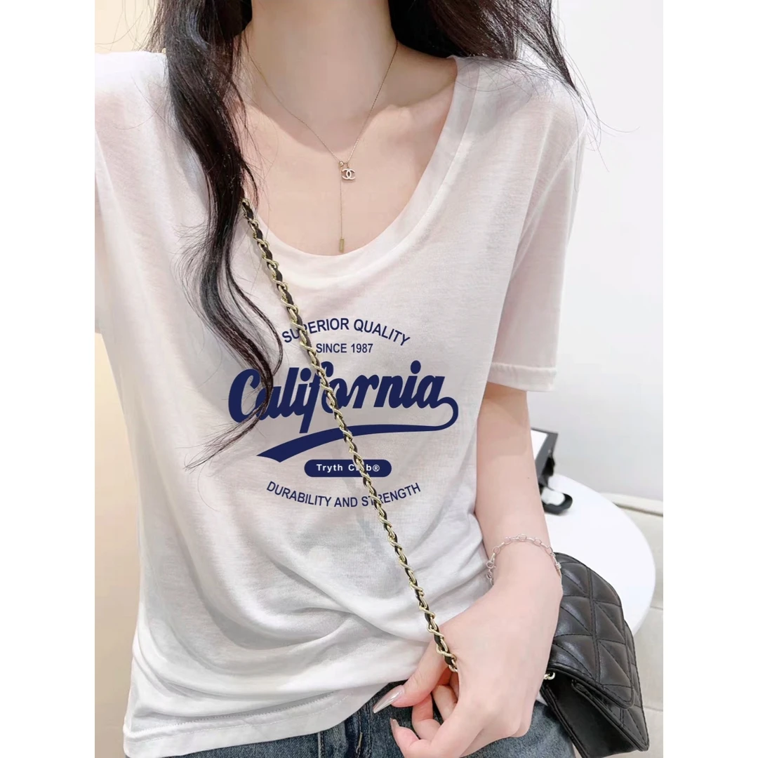 低圆领薄款天丝雪花棉白色短袖T恤女2025新款夏季洋气设计感上衣