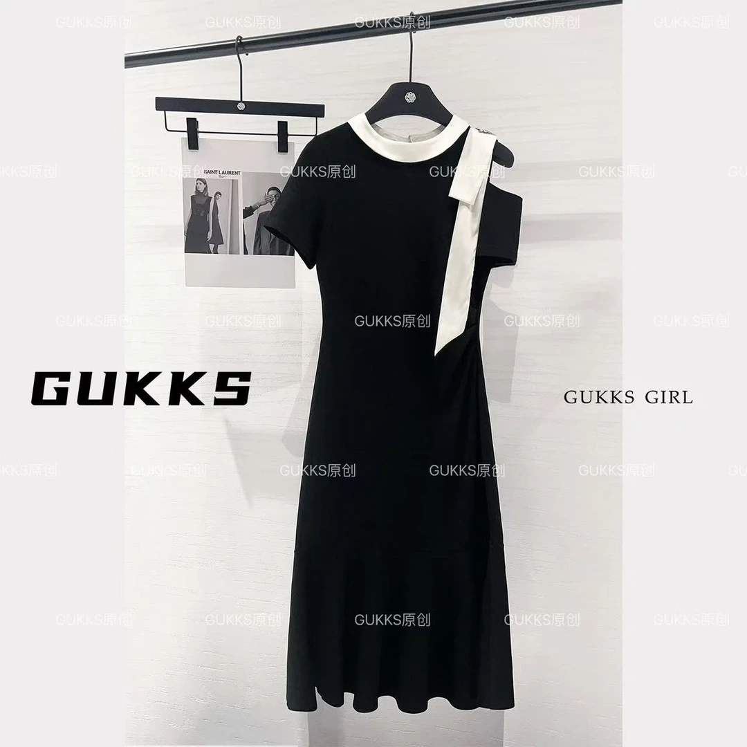 GUKKS法式气质高定时尚捏褶露肩鱼摆连衣裙GK283