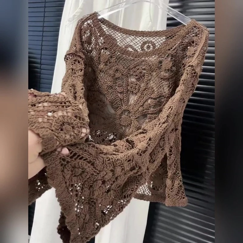 高级感时尚气质钩花设计感棕色针织衫秋季百搭休闲宽松超好看长袖
