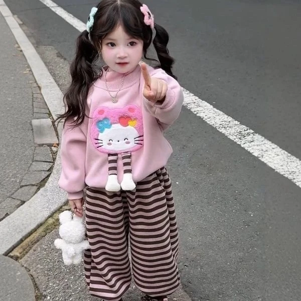 女童秋冬加绒套装洋气女宝宝卡通保暖卫衣条纹一体绒裤子两件套