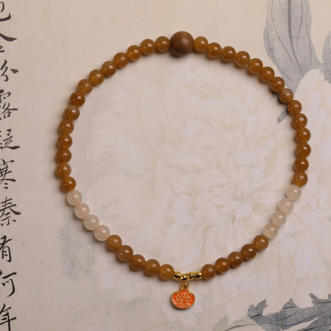 18k金4mm正宗天然和田玉新疆且末红糖白玉手串素圈单圈