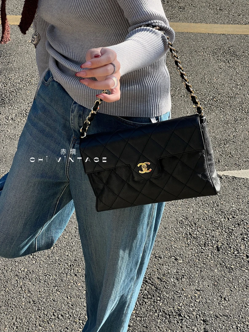 95新 Chanel/香奈儿 9170 黑金鱼子酱皮穿链单肩包00-02