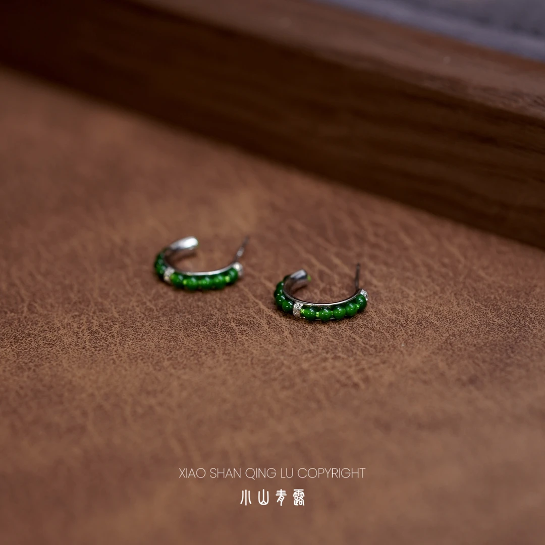 【W1963】天然翡翠小米珠耳圈 S925银镶嵌 珠子2~3mm