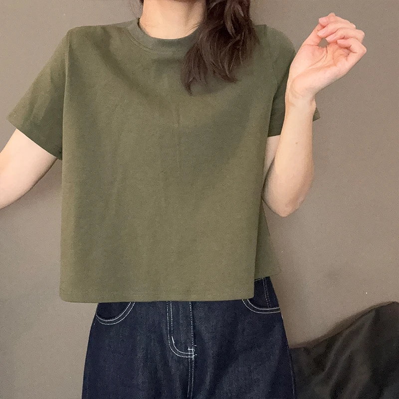 纯色后纽扣短袖T恤夏季薄款胖MM大码女装正肩圆领宽松减龄上衣女