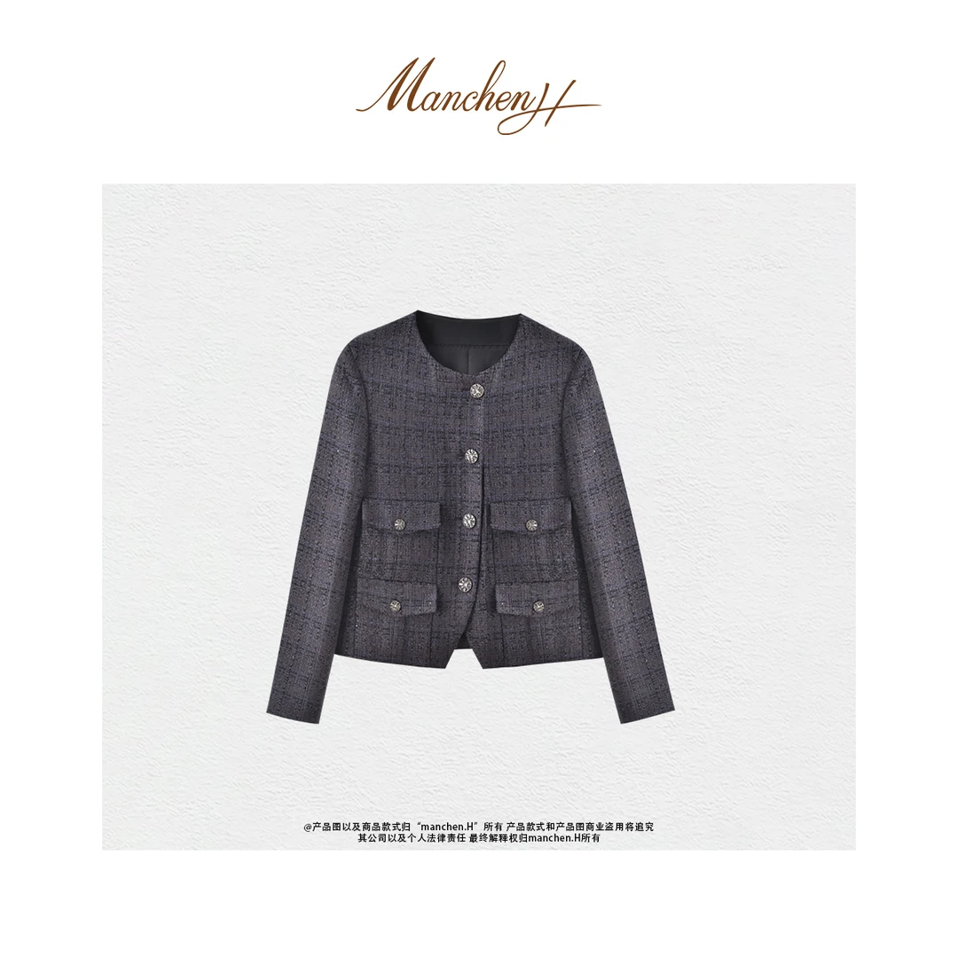曼辰manchenh"香奢星光"意大利进口面料粗花呢四口袋香风外套