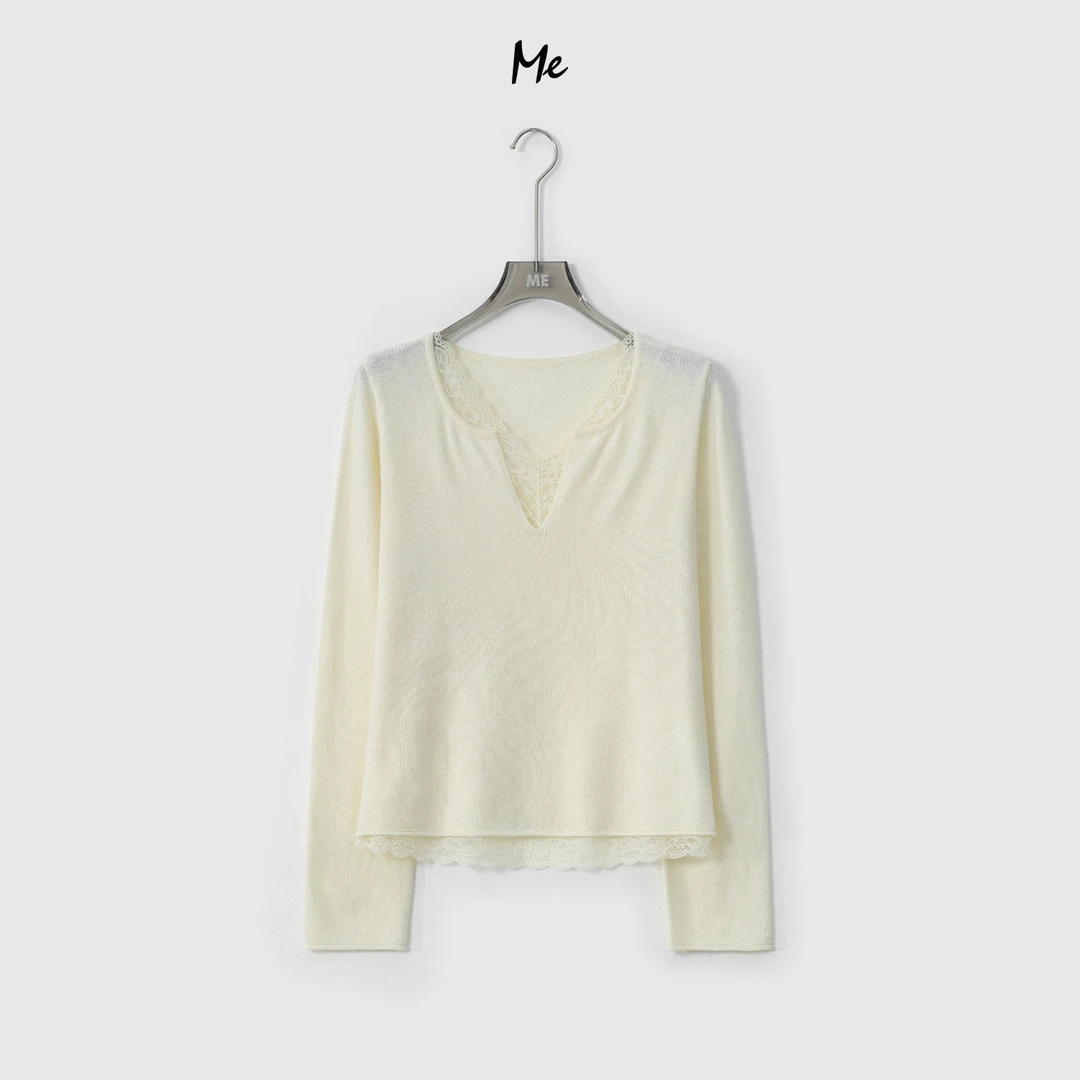 ME【花样年华】超细澳毛混纺亲肤蕾丝拼接时尚百搭针织毛衣MESA4984