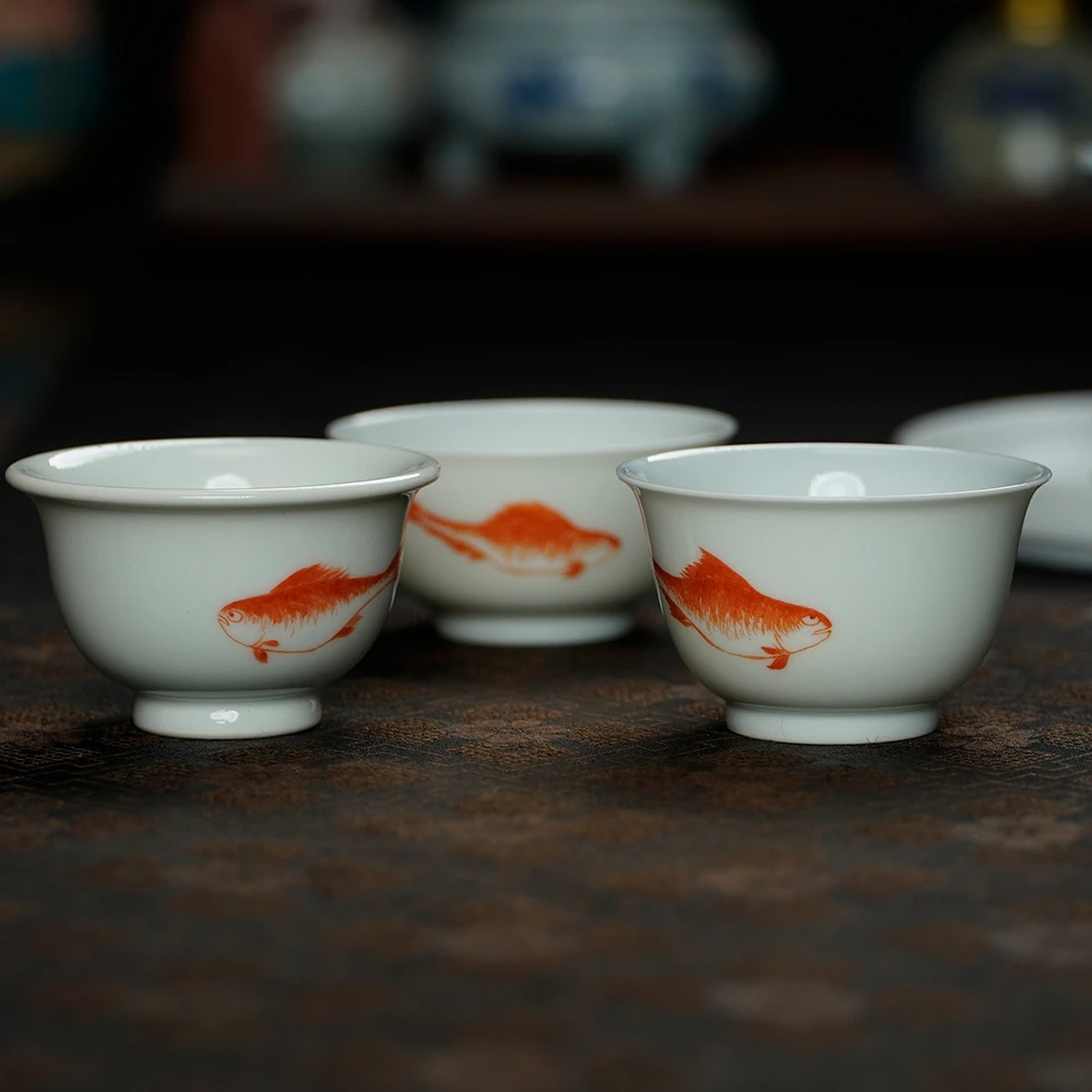 平生一盏柴窑胎手工手绘仿古胎釉泥矾红如鱼得水若深杯品茗主人杯