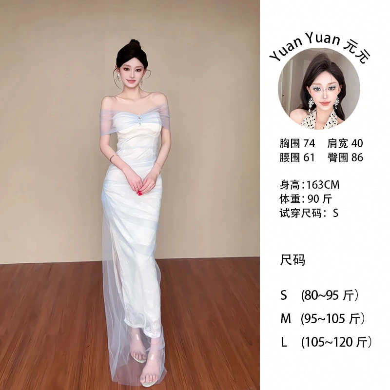 h6/M004 0501-1【Yy】早秋显瘦气质设计感一字肩网纱轻礼服包臀裙女