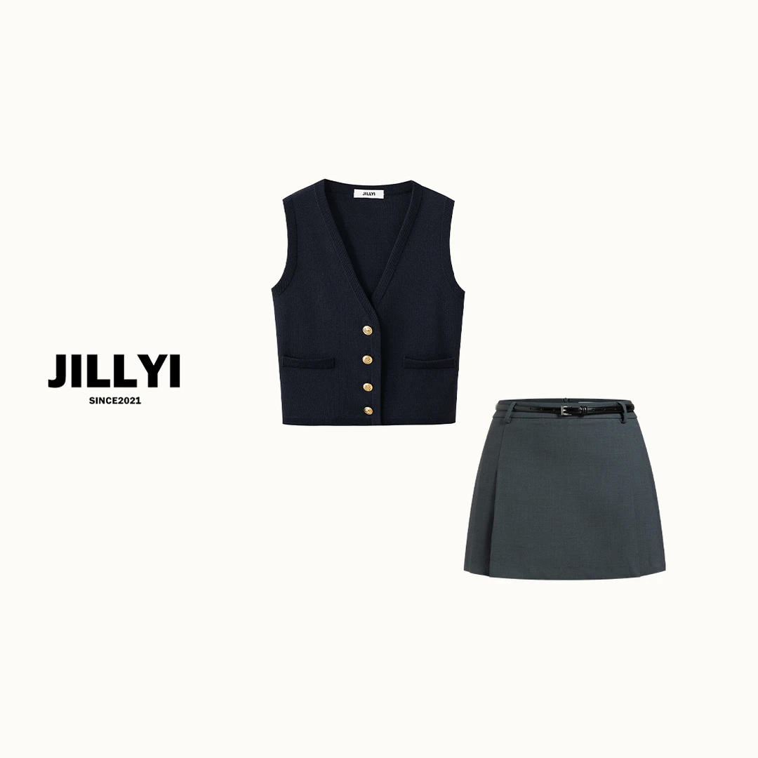 JILLYI珠海店【英式纯色】+【高冷深灰】藏蓝色马甲+混纺显瘦半身裙