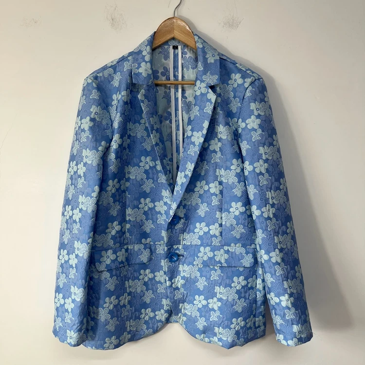 蓝色织锦缎 提花原创设计师简约百搭男士个性休闲西装