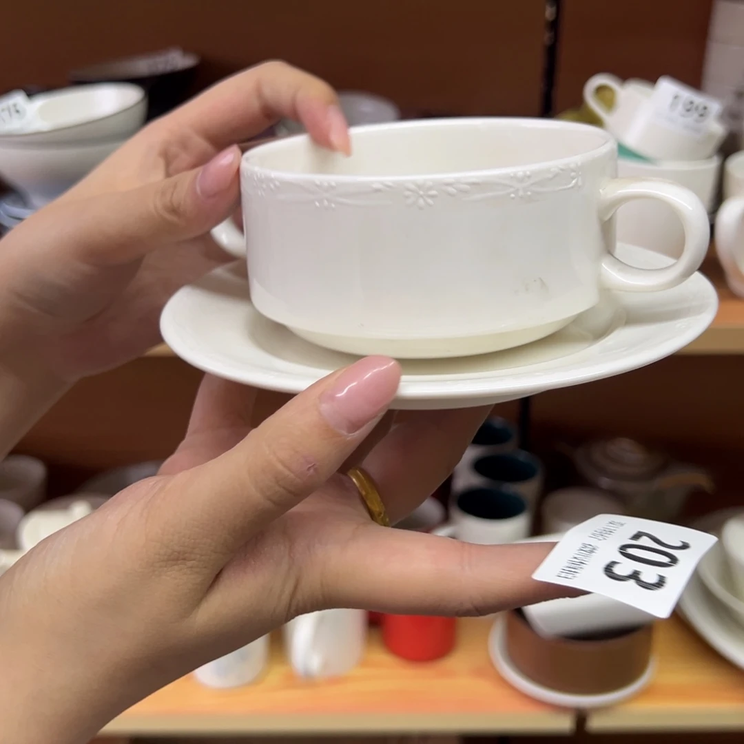 新骨瓷203微瑕暖白花边浮雕 6寸双耳咖啡杯碟套装