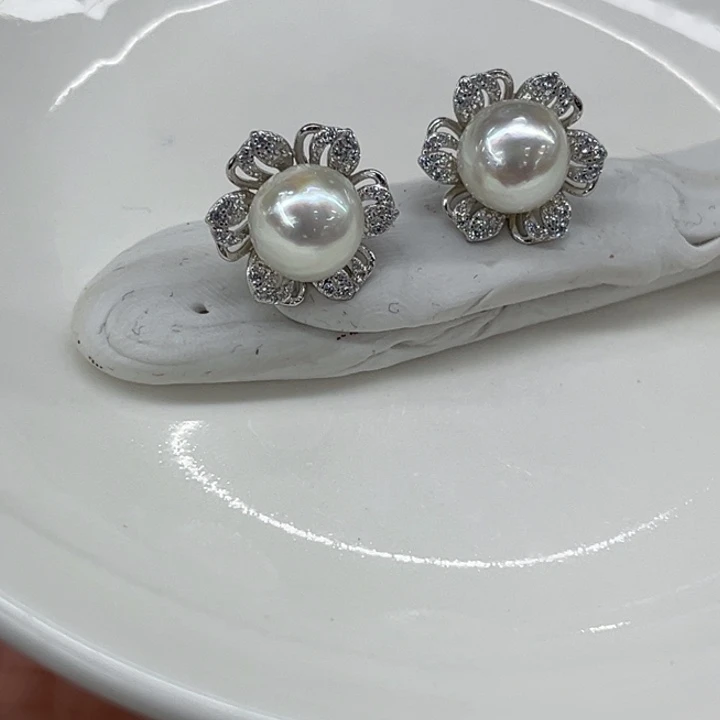 银S925镶嵌耳饰海水珍珠7-8mm