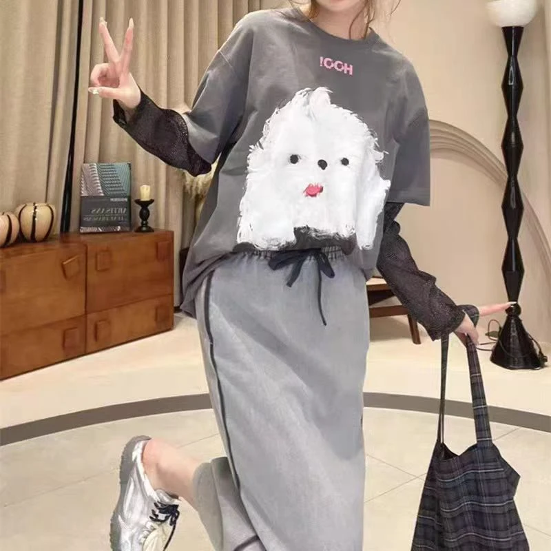 1437春季新款百搭休闲圆领小狗印花拼接T恤上衣女