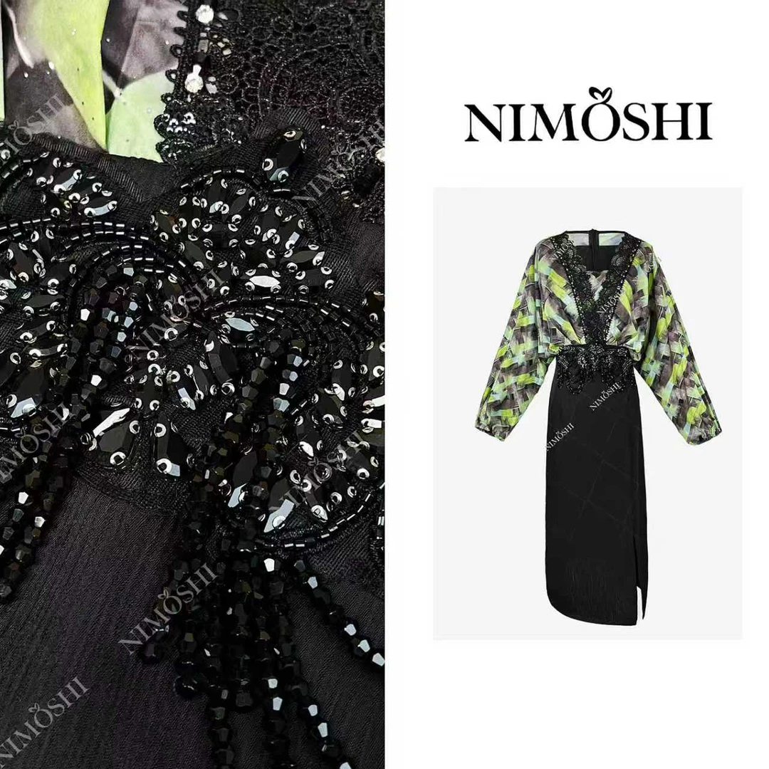 NIMOSHI【倩倩】秋季新款高奢时尚名媛印花拼接气质显瘦连衣裙Q2466