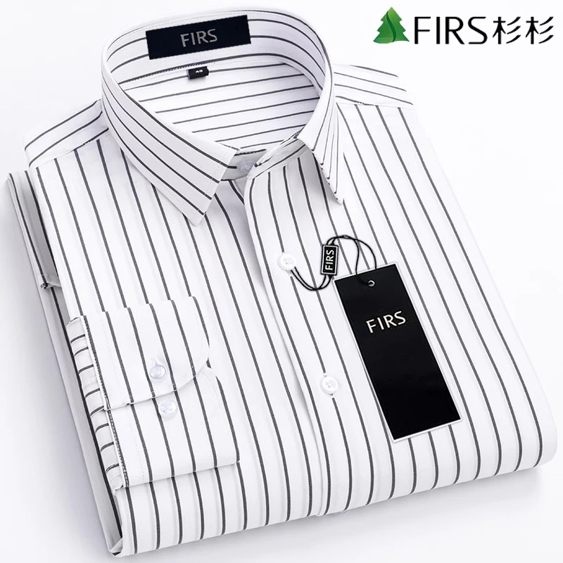 杉杉白底条纹长袖衬衫微弹免烫修身上衣商务职业高档时尚衬衣男款