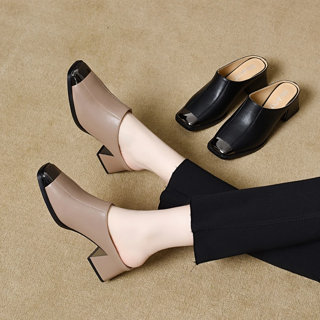 2025新款春夏季方头包头半拖鞋女外穿穆勒高跟半托单鞋真皮凉拖鞋