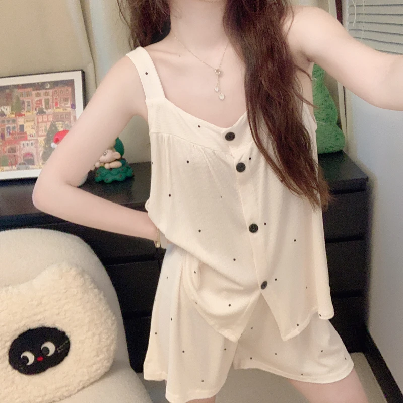 2025新款波点吊带睡衣女款夏季莫代尔短裤休闲甜美家居服两件套装
