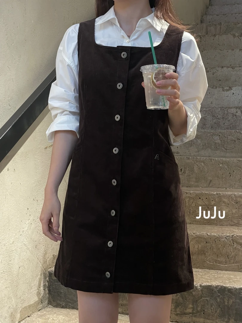 JUJU 韩系棕色灯芯绒连衣裙