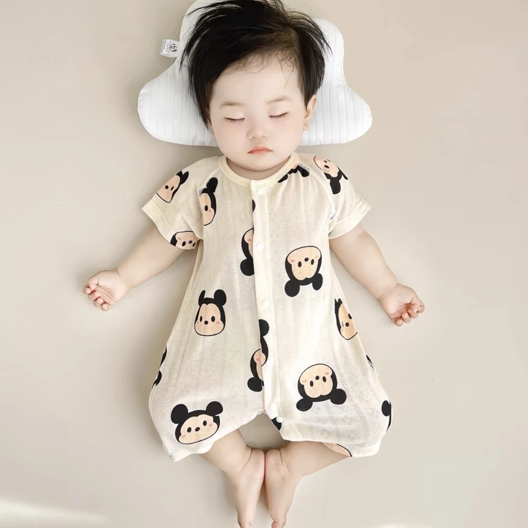 夏款短袖连体衣纯 棉空调服婴幼儿薄款闭档爬服四季全衣无骨