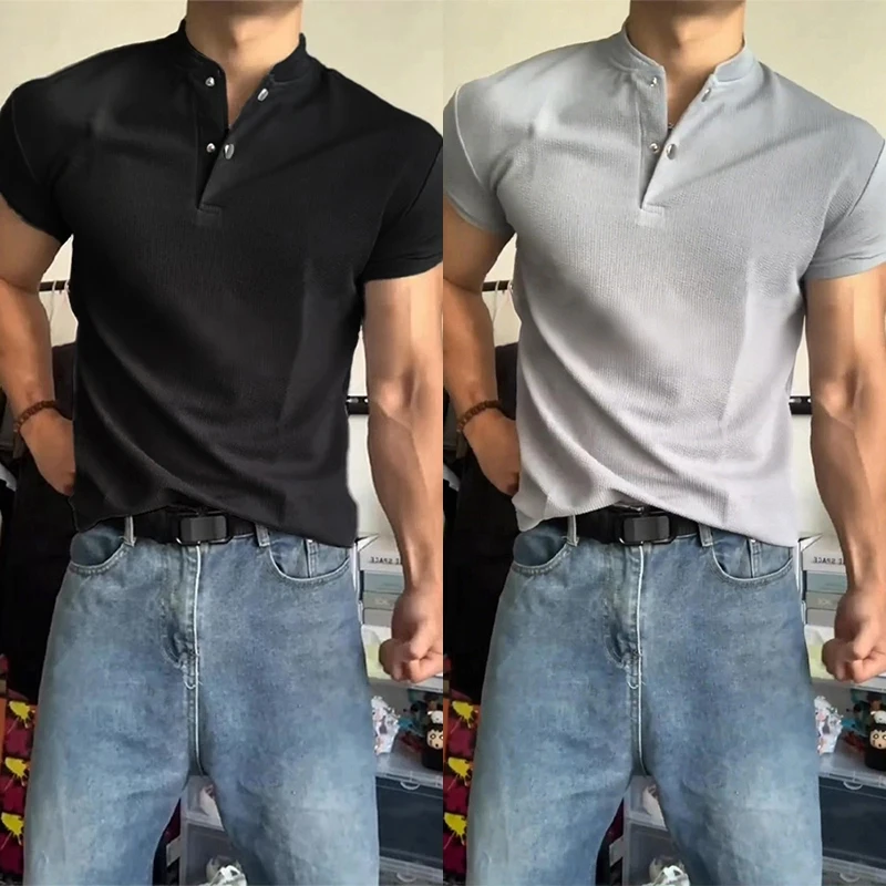性张力穿搭亨利领正肩polo衫男士短袖夏季重磅美式健身收袖口T恤
