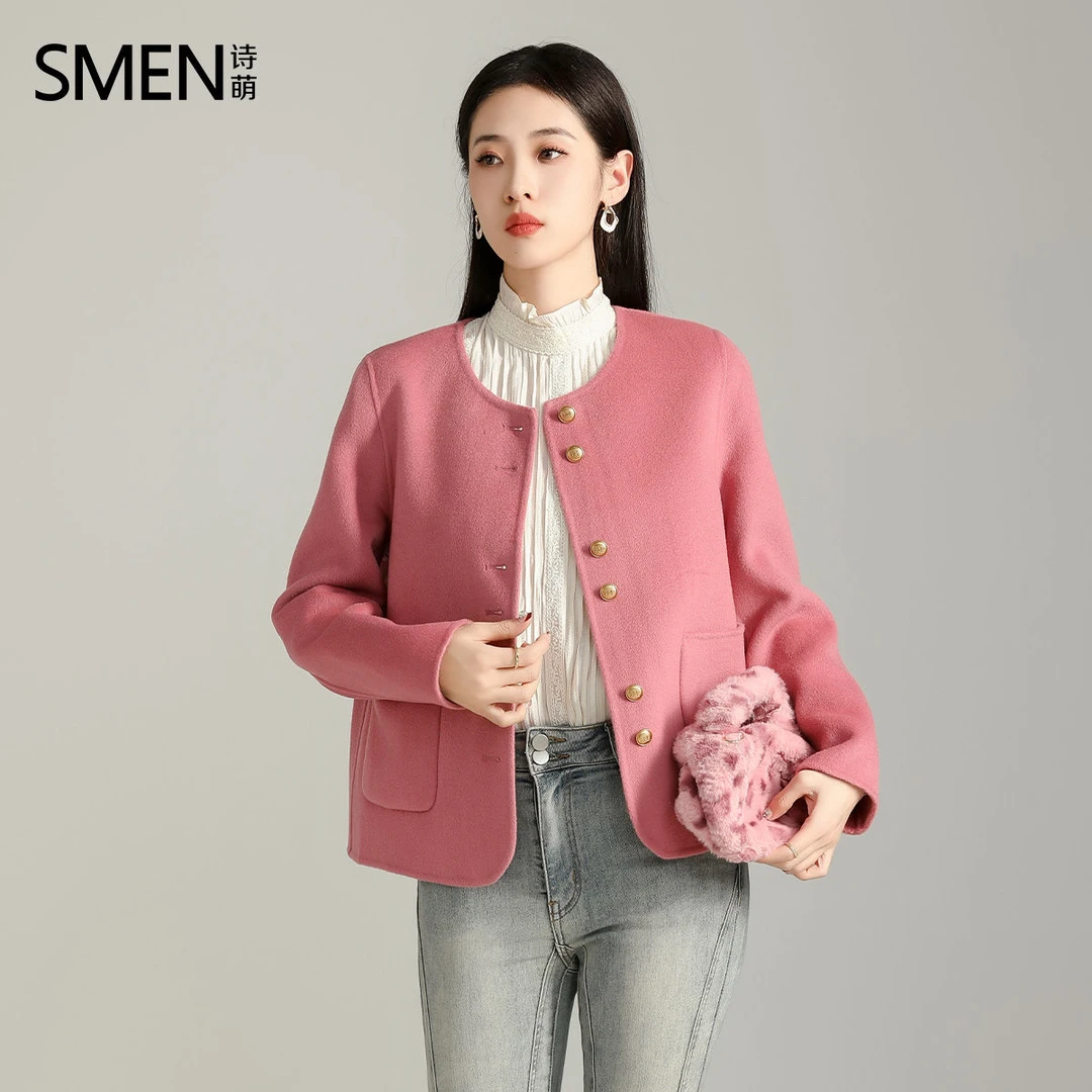 Smen诗萌大衣2023秋冬新款优雅简约短款百搭圆领双面呢外套
