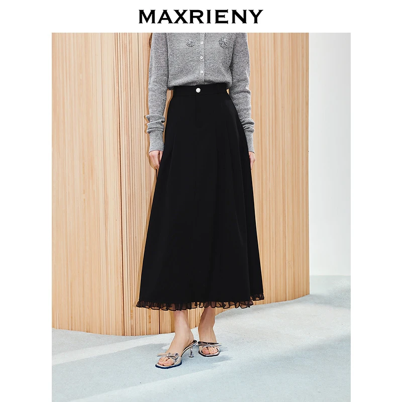 【商场同款新品】MAXRIENY赫本伞摆半裙25春款黑色高腰欧若智性风